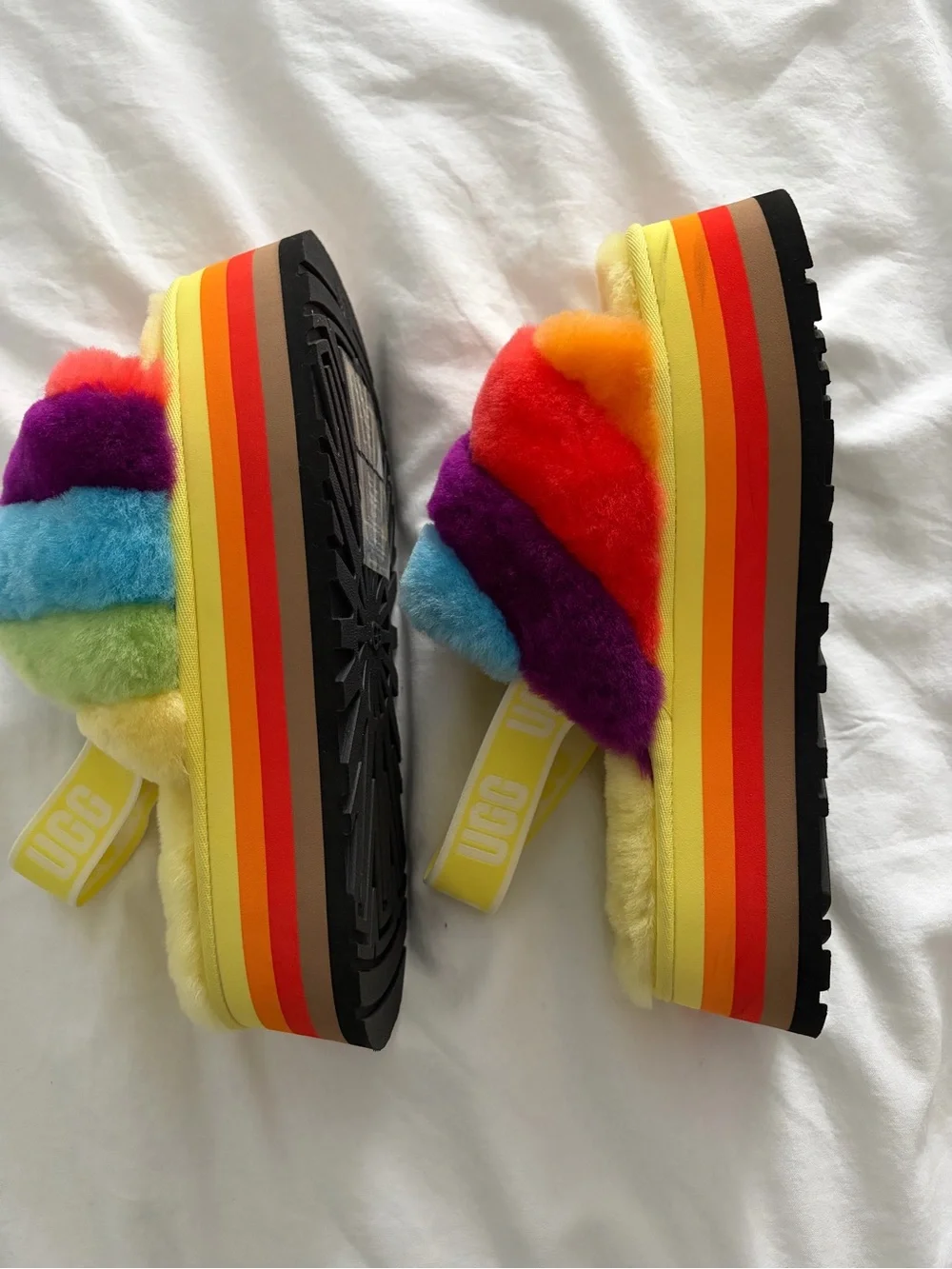 UGG Special Edition Pride Rainbow Disco Striped Platform Slippers Size 11 NEW